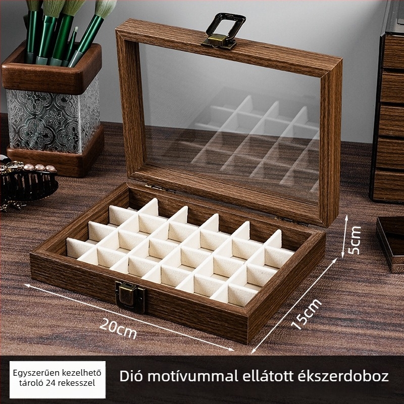 Diófa erezetű ékszerdoboz, látható öt szintes tároló, nagy kapacitás, koreai stílus
