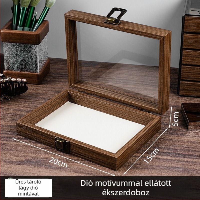 Diófa erezetű ékszerdoboz, látható öt szintes tároló, nagy kapacitás, koreai stílus
