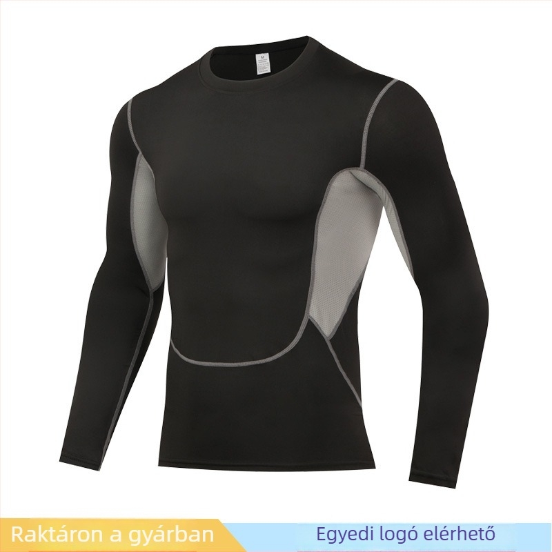Férfi PRO fitnesz hosszú ujjú kompressziós felső, gyorsan száradó milk silk anyag, külső 90% poliészter / 10% spandex; belső 10% spandex; alkalmas kosárlabdára, futásra és jógára.