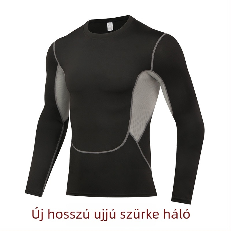 Férfi PRO fitnesz hosszú ujjú kompressziós felső, gyorsan száradó milk silk anyag, külső 90% poliészter / 10% spandex; belső 10% spandex; alkalmas kosárlabdára, futásra és jógára.
