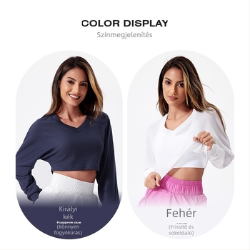 V-nyakú, lélegző jóga felső laza szabású hosszú ujjú, 97% poliészter és 3% spandex.