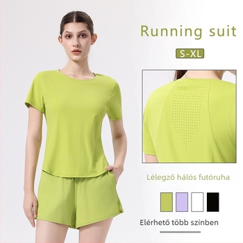 Női sportos szett: rövid ujjú felső, kerek nyakú, rövidnadrág; anyag 88% nylon, 12% spandex; nyárra, futáshoz, edzőterembe, tollaslabdához és teniszezéshez