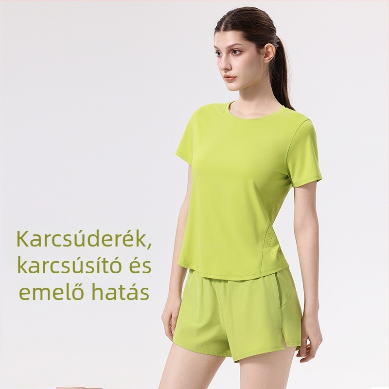 Női sportos szett: rövid ujjú felső, kerek nyakú, rövidnadrág; anyag 88% nylon, 12% spandex; nyárra, futáshoz, edzőterembe, tollaslabdához és teniszezéshez