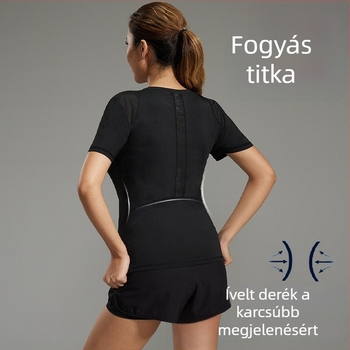 Női laza szabású jóga felső deréktáji részletet hangsúlyozva, gyorsan száradó, légáteresztő anyag, poliészter/elastán 92%/8%, rövid ujjú, bő szabás, nyár 2024