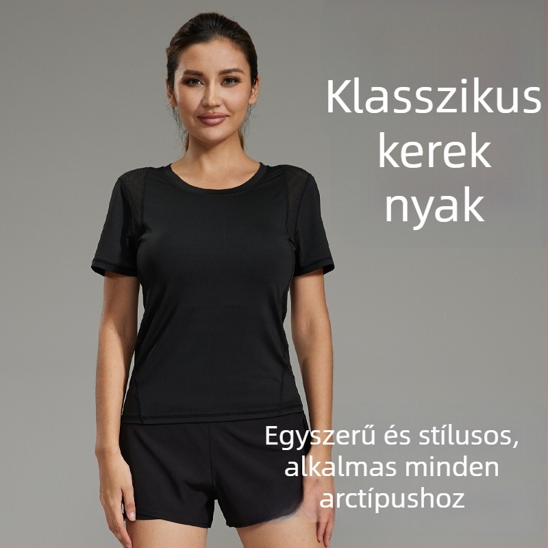 Női laza szabású jóga felső deréktáji részletet hangsúlyozva, gyorsan száradó, légáteresztő anyag, poliészter/elastán 92%/8%, rövid ujjú, bő szabás, nyár 2024