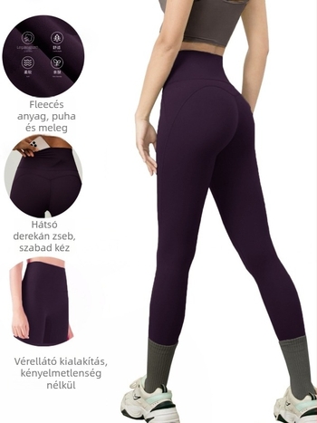 Polár béléses zsebes jóga leggings, magas derék, csípőemelés M-vonal mentén, anyaga poliészter-spandex
