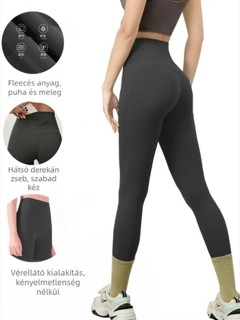 Polár béléses zsebes jóga leggings, magas derék, csípőemelés M-vonal mentén, anyaga poliészter-spandex