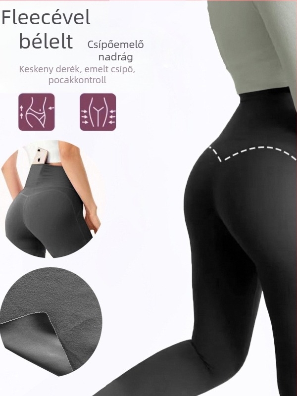Polár béléses zsebes jóga leggings, magas derék, csípőemelés M-vonal mentén, anyaga poliészter-spandex