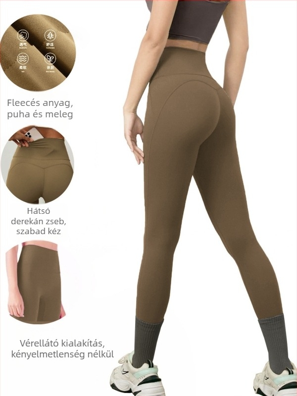 Polár béléses zsebes jóga leggings, magas derék, csípőemelés M-vonal mentén, anyaga poliészter-spandex