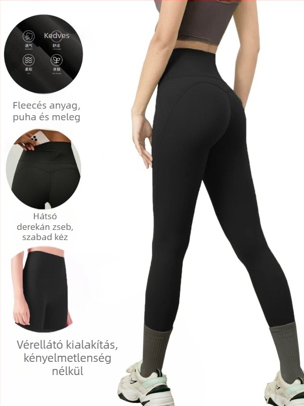 Polár béléses zsebes jóga leggings, magas derék, csípőemelés M-vonal mentén, anyaga poliészter-spandex