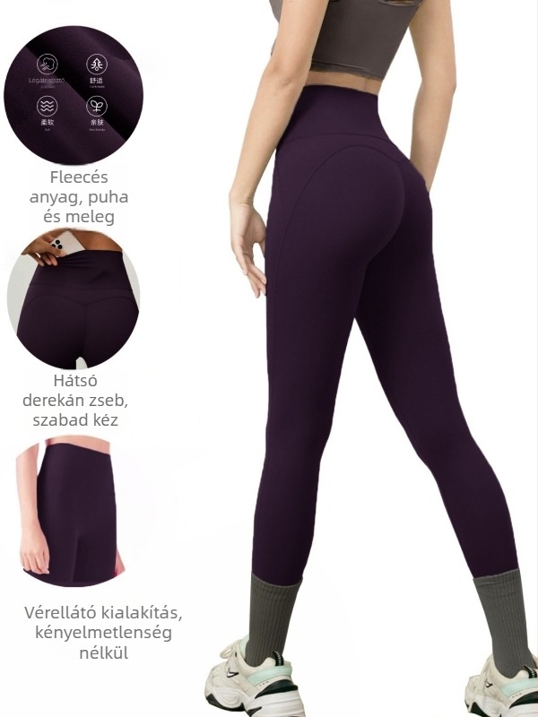 Polár béléses zsebes jóga leggings, magas derék, csípőemelés M-vonal mentén, anyaga poliészter-spandex