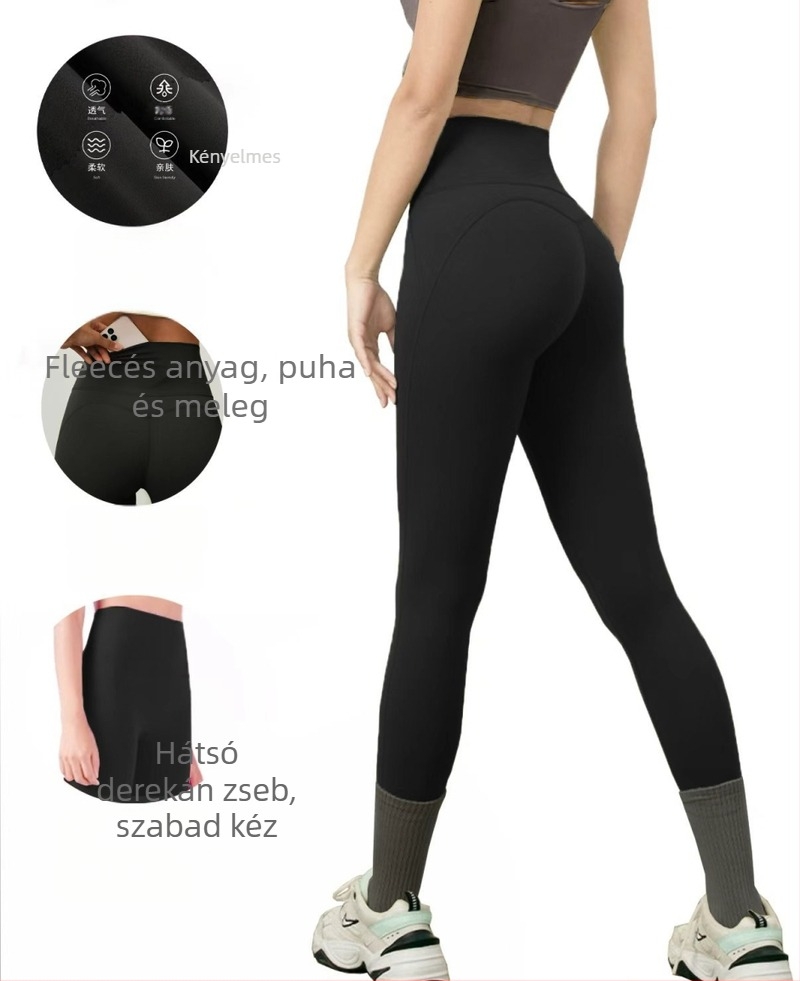Polár béléses zsebes jóga leggings, magas derék, csípőemelés M-vonal mentén, anyaga poliészter-spandex