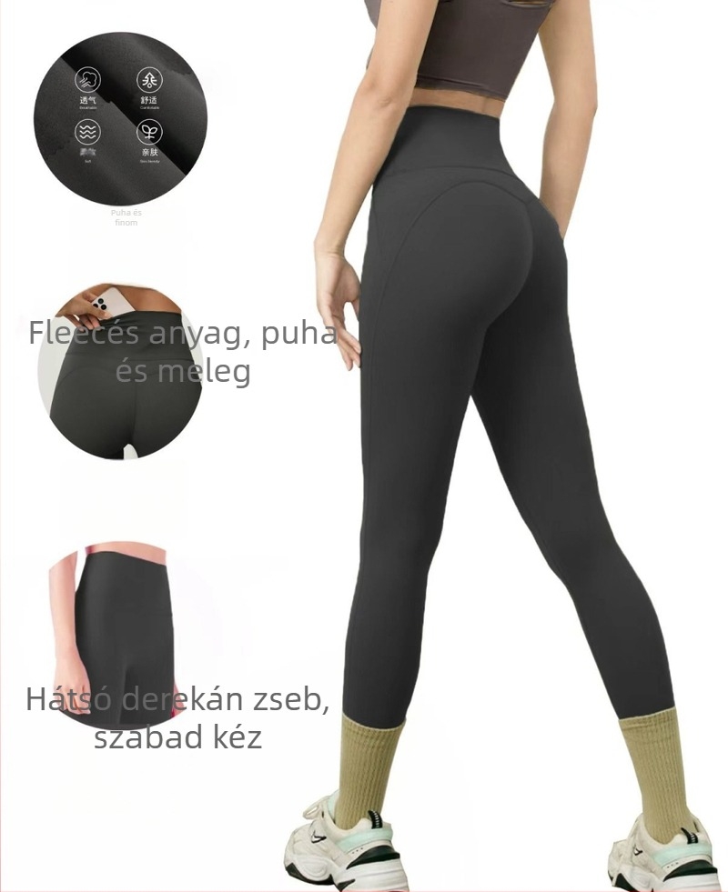 Polár béléses zsebes jóga leggings, magas derék, csípőemelés M-vonal mentén, anyaga poliészter-spandex
