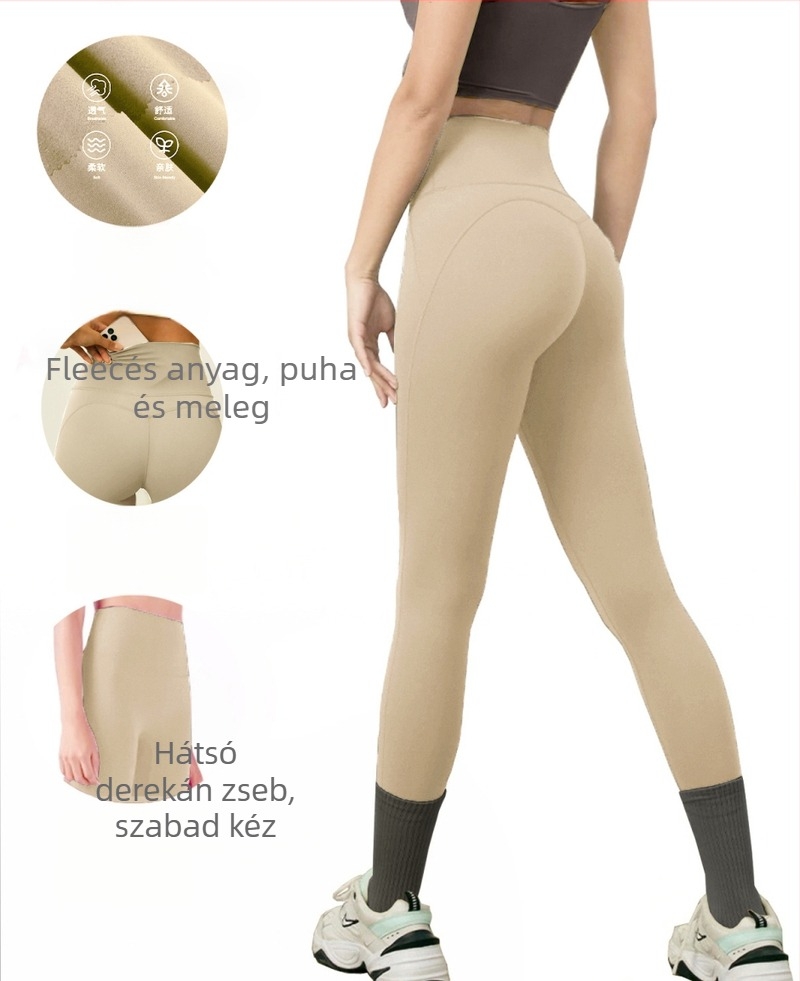 Polár béléses zsebes jóga leggings, magas derék, csípőemelés M-vonal mentén, anyaga poliészter-spandex