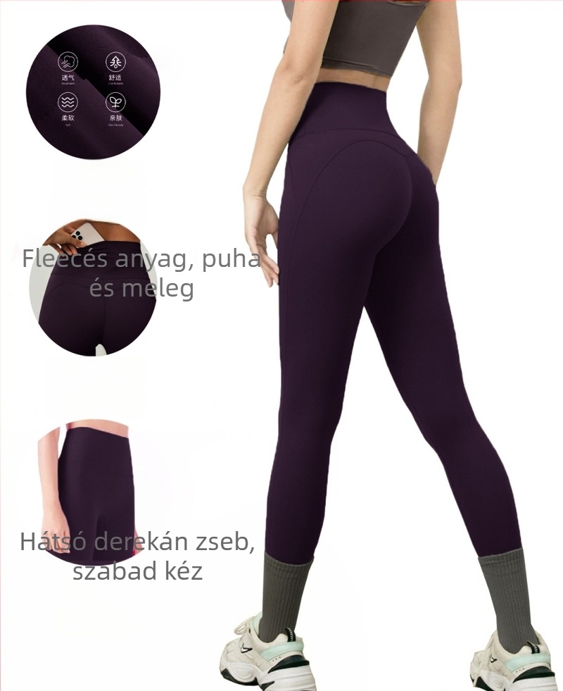 Polár béléses zsebes jóga leggings, magas derék, csípőemelés M-vonal mentén, anyaga poliészter-spandex