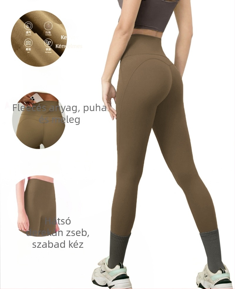 Polár béléses zsebes jóga leggings, magas derék, csípőemelés M-vonal mentén, anyaga poliészter-spandex