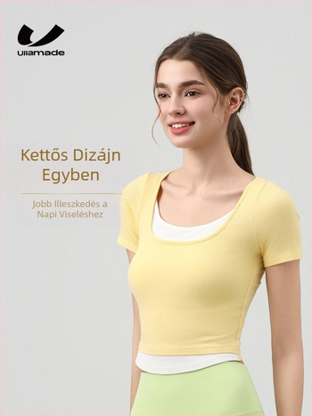 Jóga felső U-nyakú, rövid ujjú, karcsú szabás, derék hossz, lélegző viszkóz (92% viszkóz, 8% spandex)