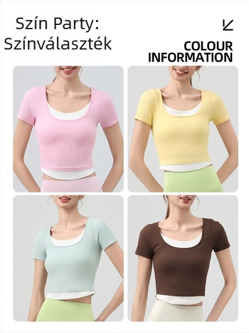 Jóga felső U-nyakú, rövid ujjú, karcsú szabás, derék hossz, lélegző viszkóz (92% viszkóz, 8% spandex)