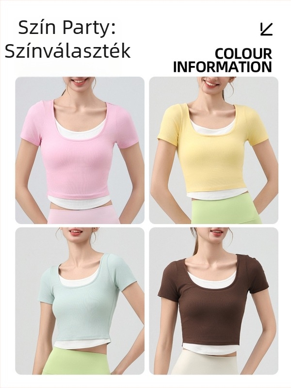 Jóga felső U-nyakú, rövid ujjú, karcsú szabás, derék hossz, lélegző viszkóz (92% viszkóz, 8% spandex)