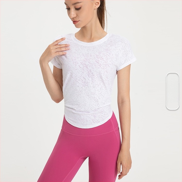 Női rövid ujjú jóga felső – gyorsan száradó, lélegző, hűs érzésű anyag; anyag: nylon jacquard; 88% nylon + 12% spandex; laza szabású