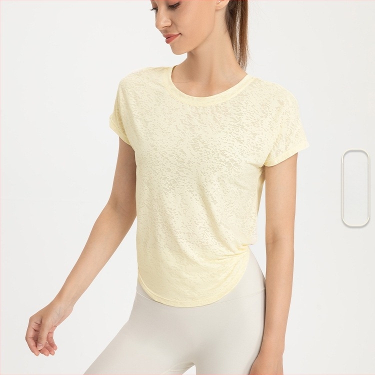 Női rövid ujjú jóga felső – gyorsan száradó, lélegző, hűs érzésű anyag; anyag: nylon jacquard; 88% nylon + 12% spandex; laza szabású