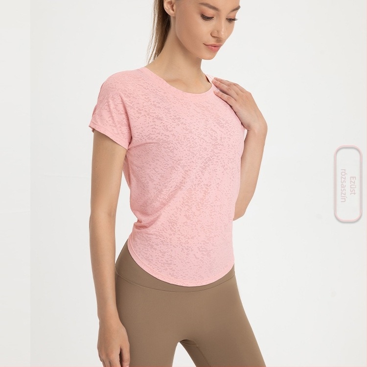 Női rövid ujjú jóga felső – gyorsan száradó, lélegző, hűs érzésű anyag; anyag: nylon jacquard; 88% nylon + 12% spandex; laza szabású