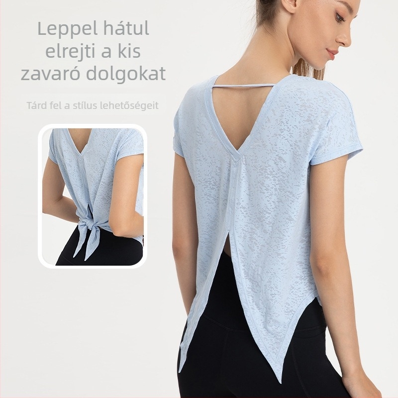 Női rövid ujjú jóga felső – gyorsan száradó, lélegző, hűs érzésű anyag; anyag: nylon jacquard; 88% nylon + 12% spandex; laza szabású