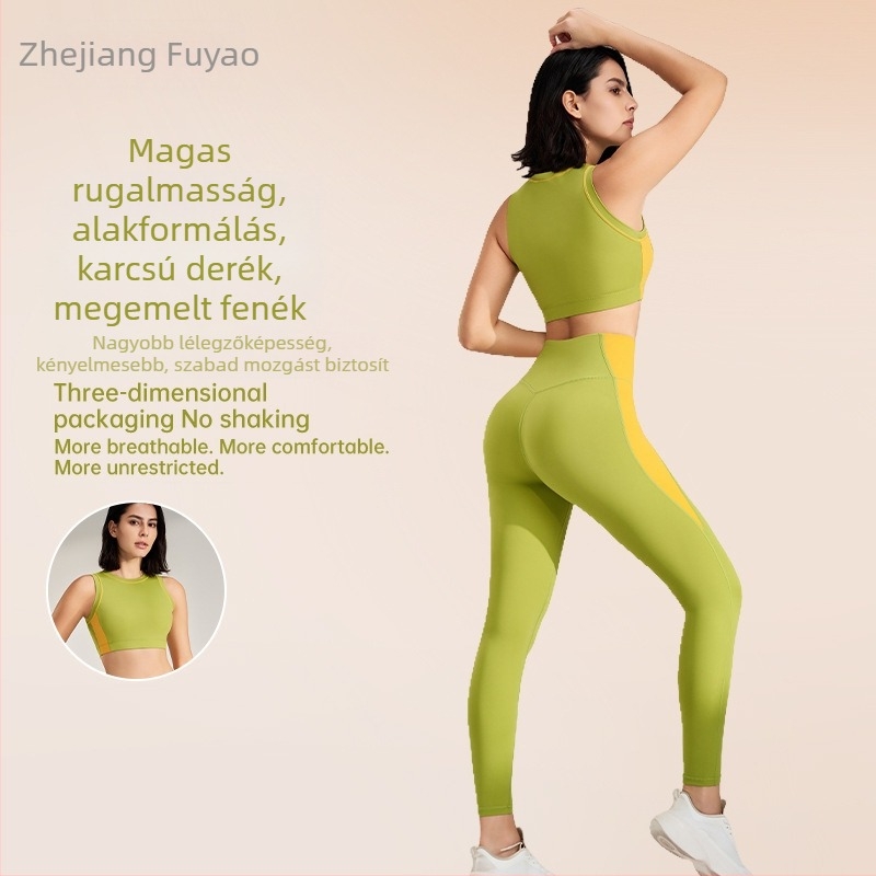 Kültéri sportos fitnesz készlet: gyorsan száradó ujjatlan felső kerek nyakkal és belső tankkal, kilenc pont hosszúságú nadrág, Lycra/Nylon anyag (75% Nylon), nőknek