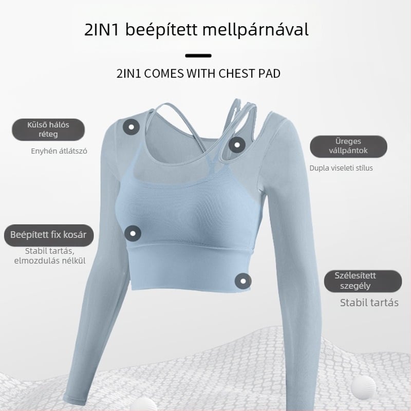 Női jóga felső rögzített kosárbetéttel, őszi új modell, testhezálló, hosszú ujjú edzőfelső