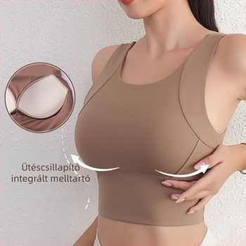 Egyrészes sportmelltartó, ütéscsillapító, légáteresztő, teljes kosár, vékony formázott kosár, fix dupla vállpántok, nylon 90%, spandex 10%