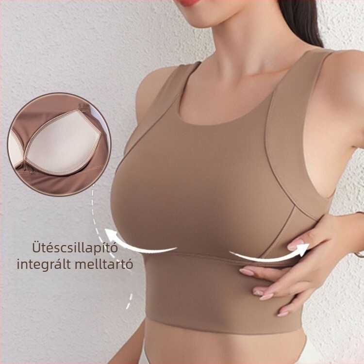 Egyrészes sportmelltartó, ütéscsillapító, légáteresztő, teljes kosár, vékony formázott kosár, fix dupla vállpántok, nylon 90%, spandex 10%