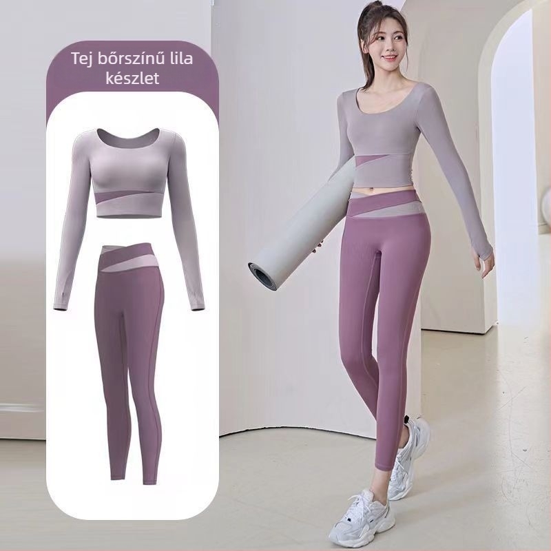Női jóga készlet: hosszú ujjú felső és nadrág, gyorsan száradó, légáteresztő, Corduroy anyagú, len 71–80%