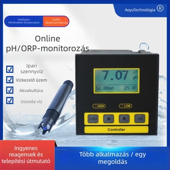 Ipari pH mérő LCD-kijelzővel; mérési tartomány 0–14 pH; pontosság 0.1 pH; hőmérséklet-kompenzáció 0–100 °C; tápegység 220 VAC vagy 24 VDC
