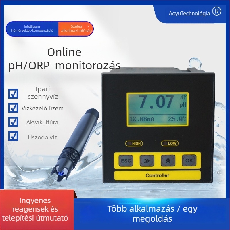 Ipari pH mérő LCD-kijelzővel; mérési tartomány 0–14 pH; pontosság 0.1 pH; hőmérséklet-kompenzáció 0–100 °C; tápegység 220 VAC vagy 24 VDC