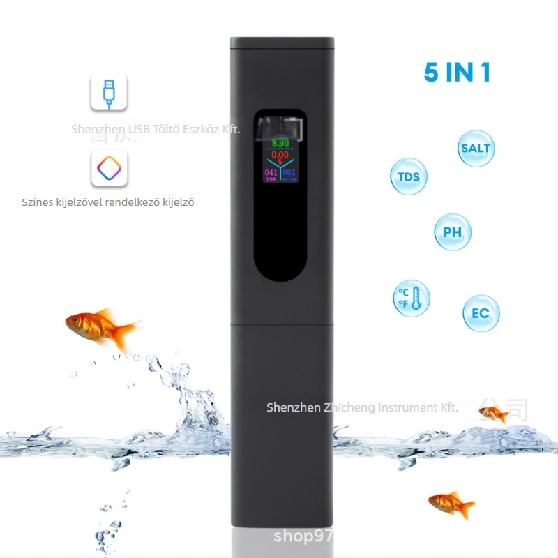 USB-töltésű hordozható vízminőség-analizátor pH-hoz, teljes keménység és sótartalom mérésére — 0–14 pH tartomány, 0,1 pH pontosság, 0,1 felbontás