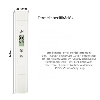 PH-01 hordozható pH-mérő, digitális kijelző, 0-14 pH tartomány, 0,01 pH pontosság