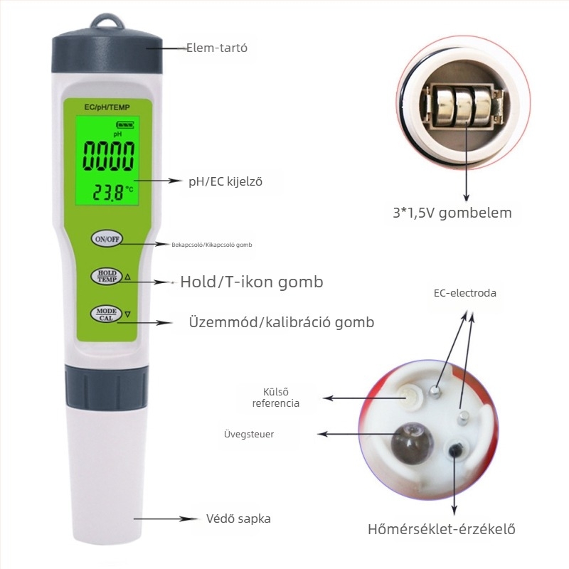 Hordozható pH-mérő üveg szondával, modell TPH01137, mérési tartomány 0.01-14.00 pH, tápegység 1.5V, márka Craftsman hall
