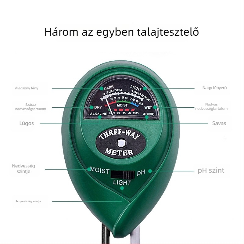 TR03 Három az egyben talajdetektor – pH-mérő és tápanyag-tesztelő kertészeti felhasználásra, pontosság 0,1, tömeg 90 g