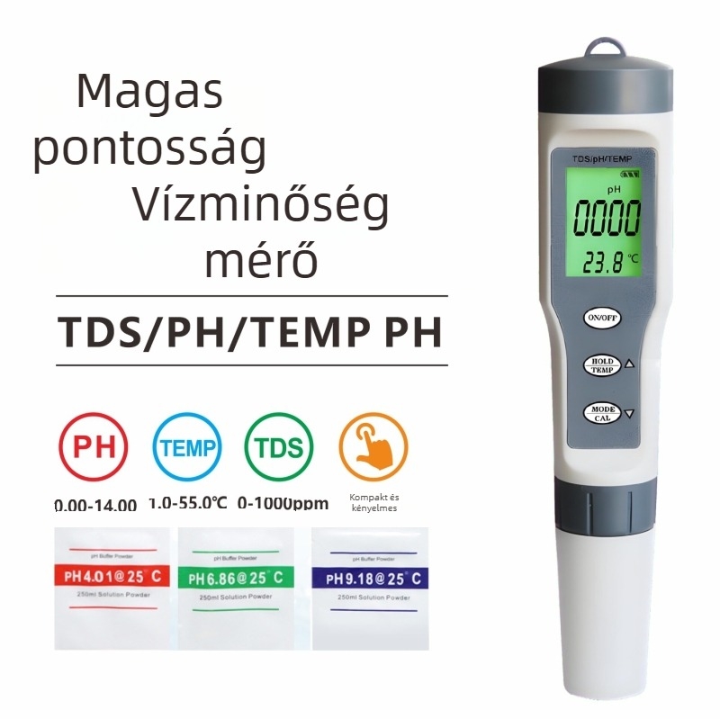 Hordozható vízminőség-elemző – pH (0–14), TDS (1–9999 ppm), hőmérséklet, 3-in-1 nagy pontosságú mérő, modell HQ-9901