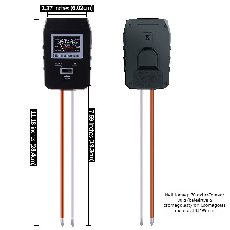 3-in-1 talajtester nagy kijelzős: pH, nedvesség és fényintenzitás mérő (mutatótípus, pontosság 0,1)