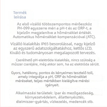 Toll-stílusú vízálló pH/ORP és hőmérséklet 3-in-1 teszter Ph-099 LCD kijelzővel, kompozit elektróda, pH tartomány 0.00–14.00, ORP -1999–1999 mV, 0–50°C