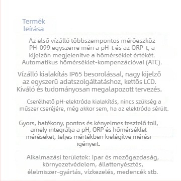 Toll-stílusú vízálló pH/ORP és hőmérséklet 3-in-1 teszter Ph-099 LCD kijelzővel, kompozit elektróda, pH tartomány 0.00–14.00, ORP -1999–1999 mV, 0–50°C