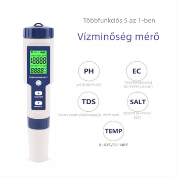 Öt az egyben hordozható vízminőség-ellenőrző pH, nehézfémtartalom, összkeménység és sótartalom mérésére; EC tartomány 0–10000 mS/cm, felbontás 0.01, pontosság ±0.1%