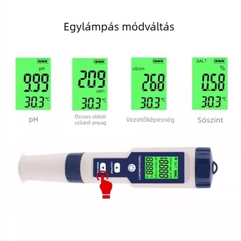 Öt az egyben hordozható vízminőség-ellenőrző pH, nehézfémtartalom, összkeménység és sótartalom mérésére; EC tartomány 0–10000 mS/cm, felbontás 0.01, pontosság ±0.1%