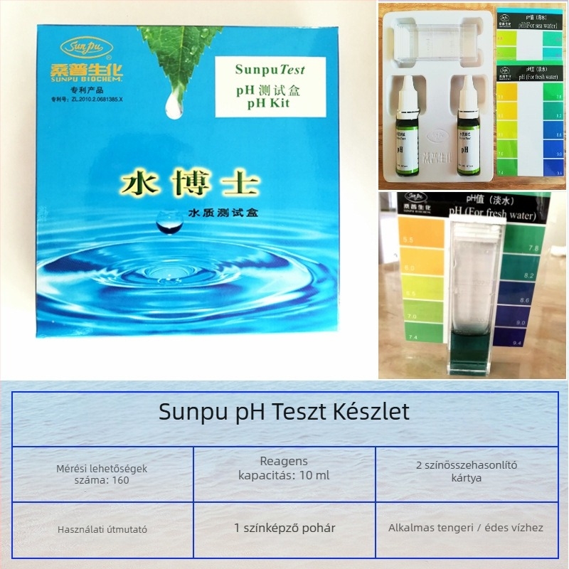 Vízminőségi tesztkészlet édes- és sósvízhez: pH-teszt akváriumokhoz és tavakhoz, színalapú összehasonlítás; pH-tartomány: sós 6.8–9.3, édes 5.5–9.4; felbontás: 0.3 (sós), 0.5 (édes).