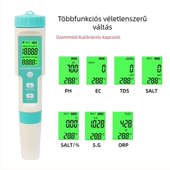 7–in–1 többparaméteres vízminősítő: TDS/EC, sótartalom, SG, ORP, hőmérséklet és pH; mérési tartományok 0–10000 mS/cm, pH 0–14, sótartalom 10.1–200.0 ppt; pontosság: pH 0.05, sótartalom ±1%, TDS/EC ±2%
