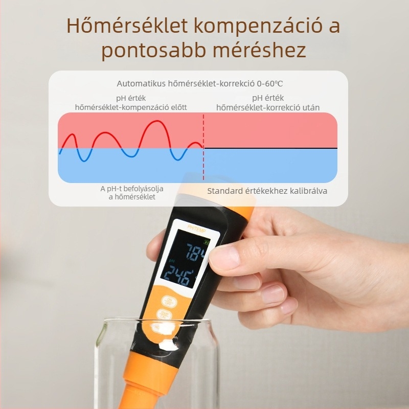 pH-teszt toll – Hordozható víz pH mérő, tartomány 0.00–14.00 pH, pontosság ±0.05 pH, hőmérséklet-kiegyenlítés 0.1–60°C, tápegység 1.5V×4, modell DL339002