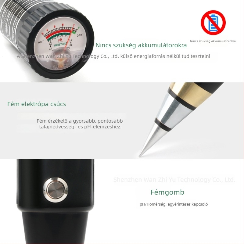 Hordozható talajtester – két funkció: pH és nedvesség, pontosság ±0,2 pH, modell TPH01806-1, tömeg 170 g
