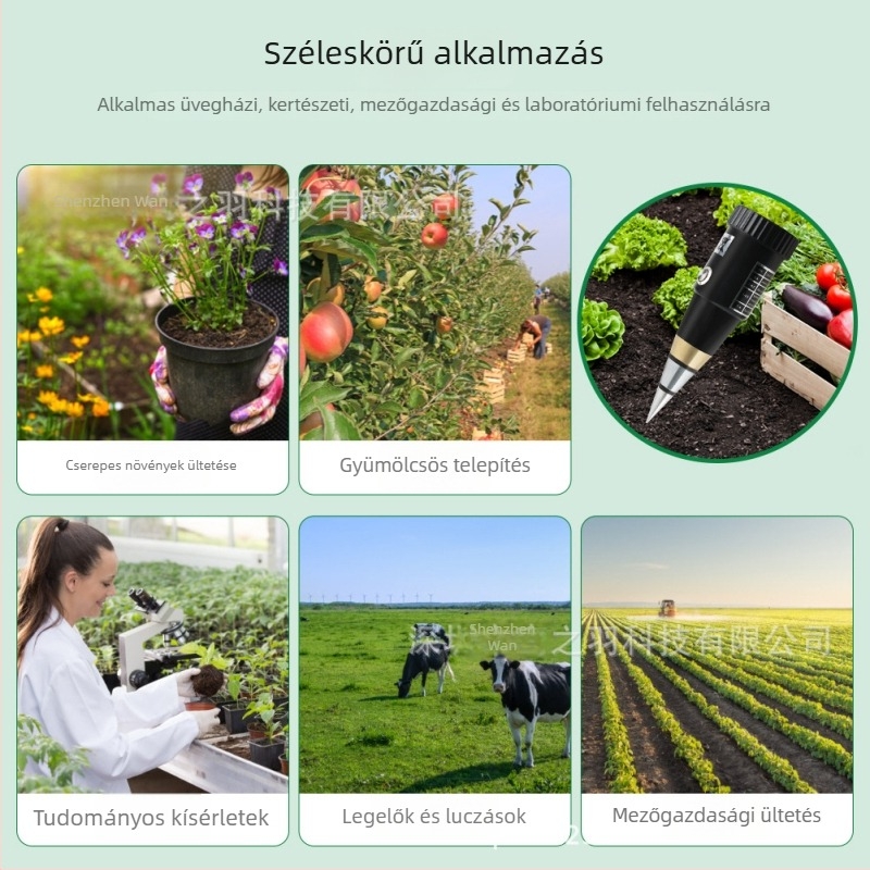 Hordozható talajtester – két funkció: pH és nedvesség, pontosság ±0,2 pH, modell TPH01806-1, tömeg 170 g