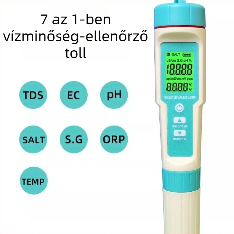 Kézi vízminőség-analizáló – hét az egyben, ORP, pH (0-14), TDS (0-9999 ppm), sótartalom; pH-tartomány 0-14, TDS-tartomány 0-9999 ppm, pontosság 0.01, energiaellátás 3x1.5V
